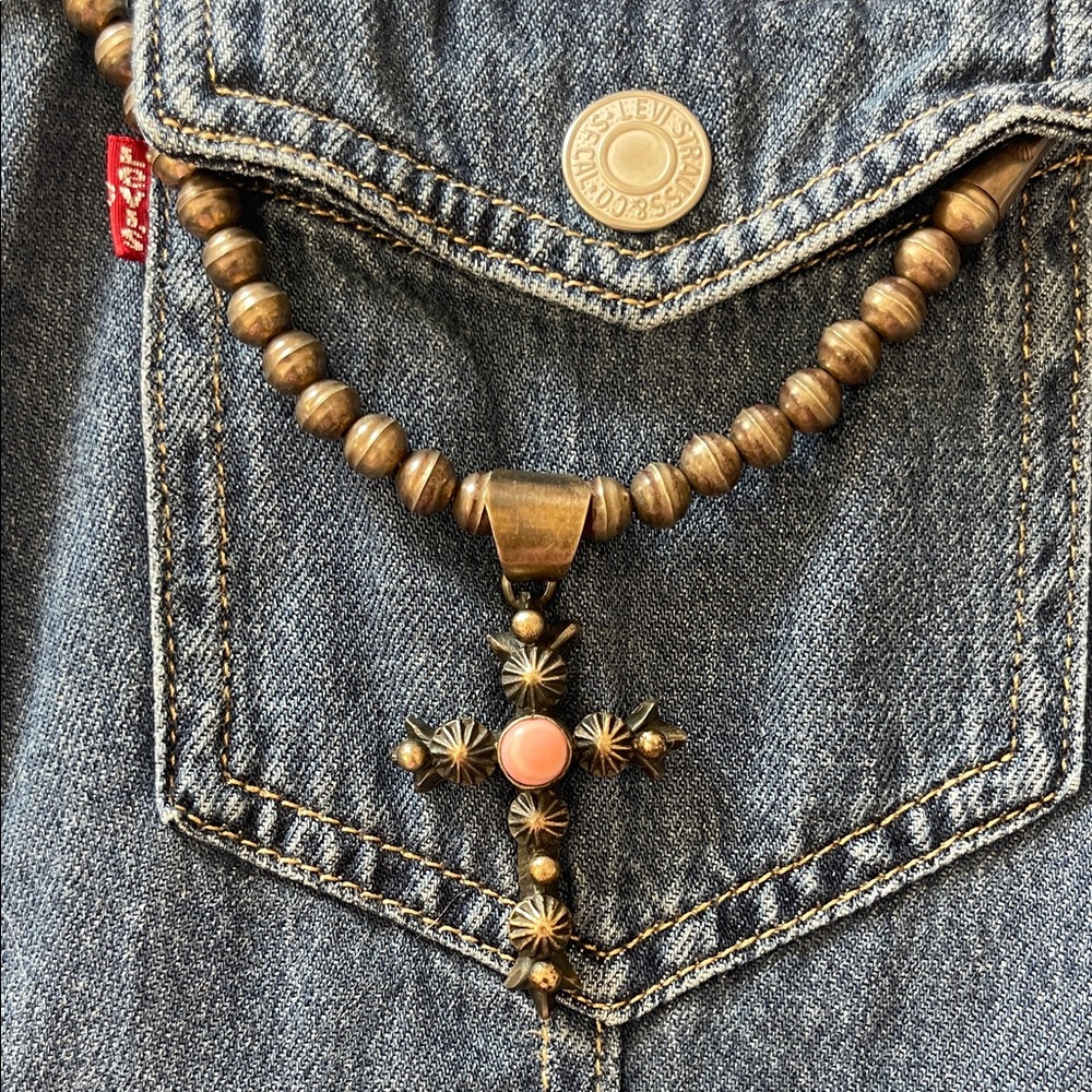 native American Indian chimney butter Cross pendant with Pink Accent